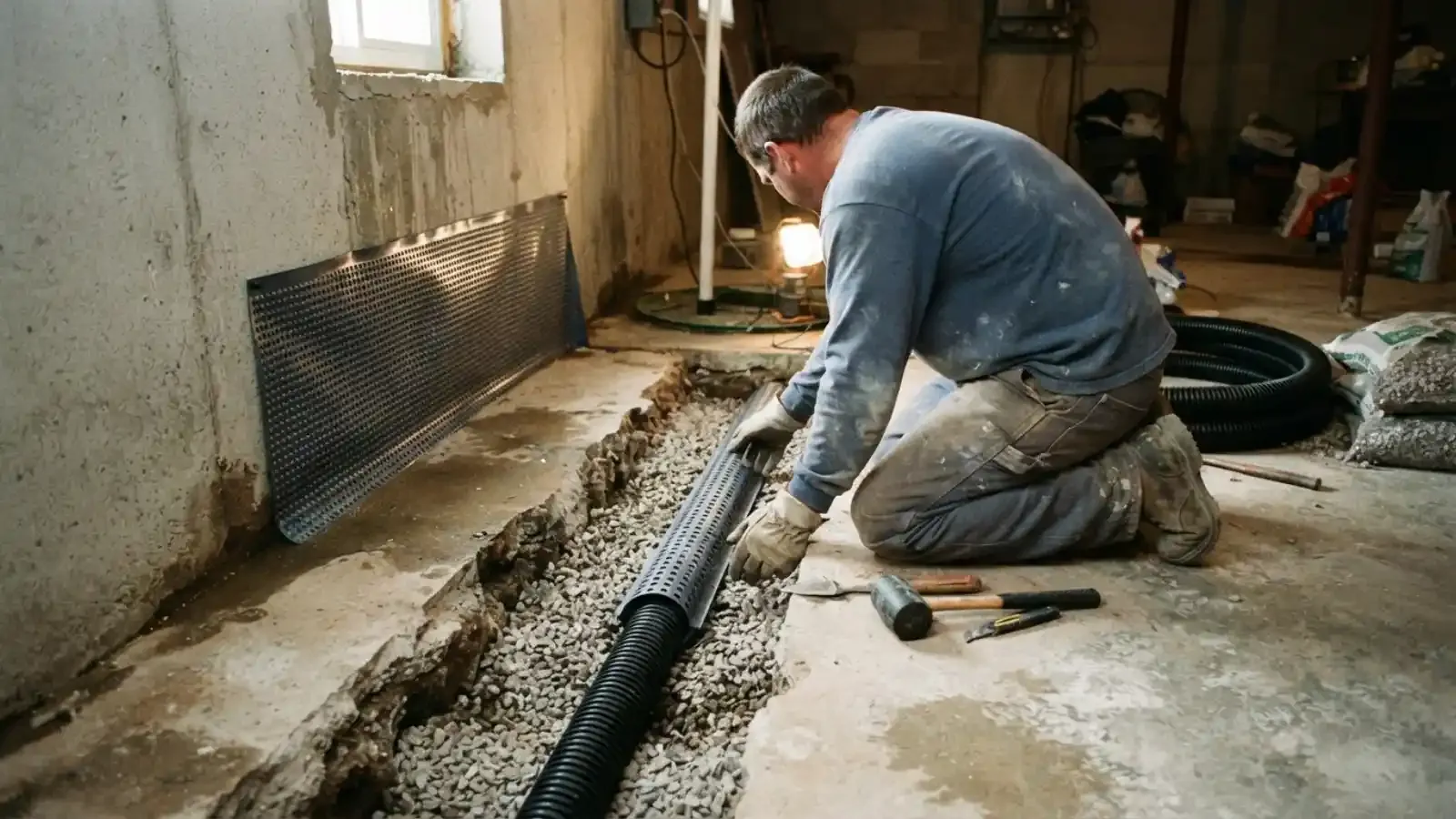 Worker laying interior drain tile along a basement wall
