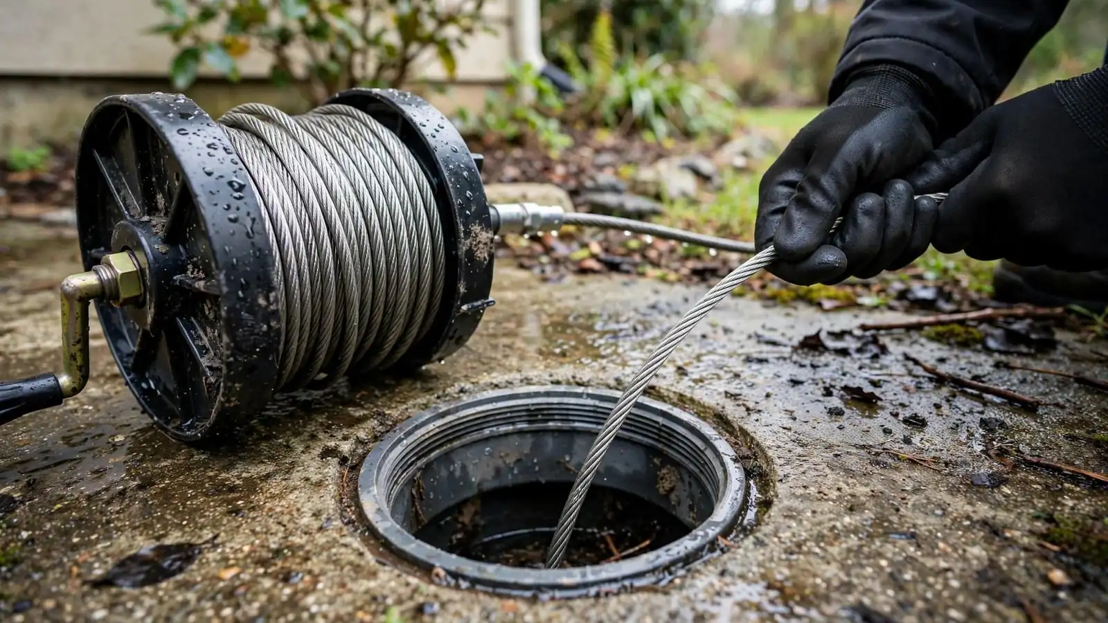 Sewer cable drum feeding into a main line cleanout
