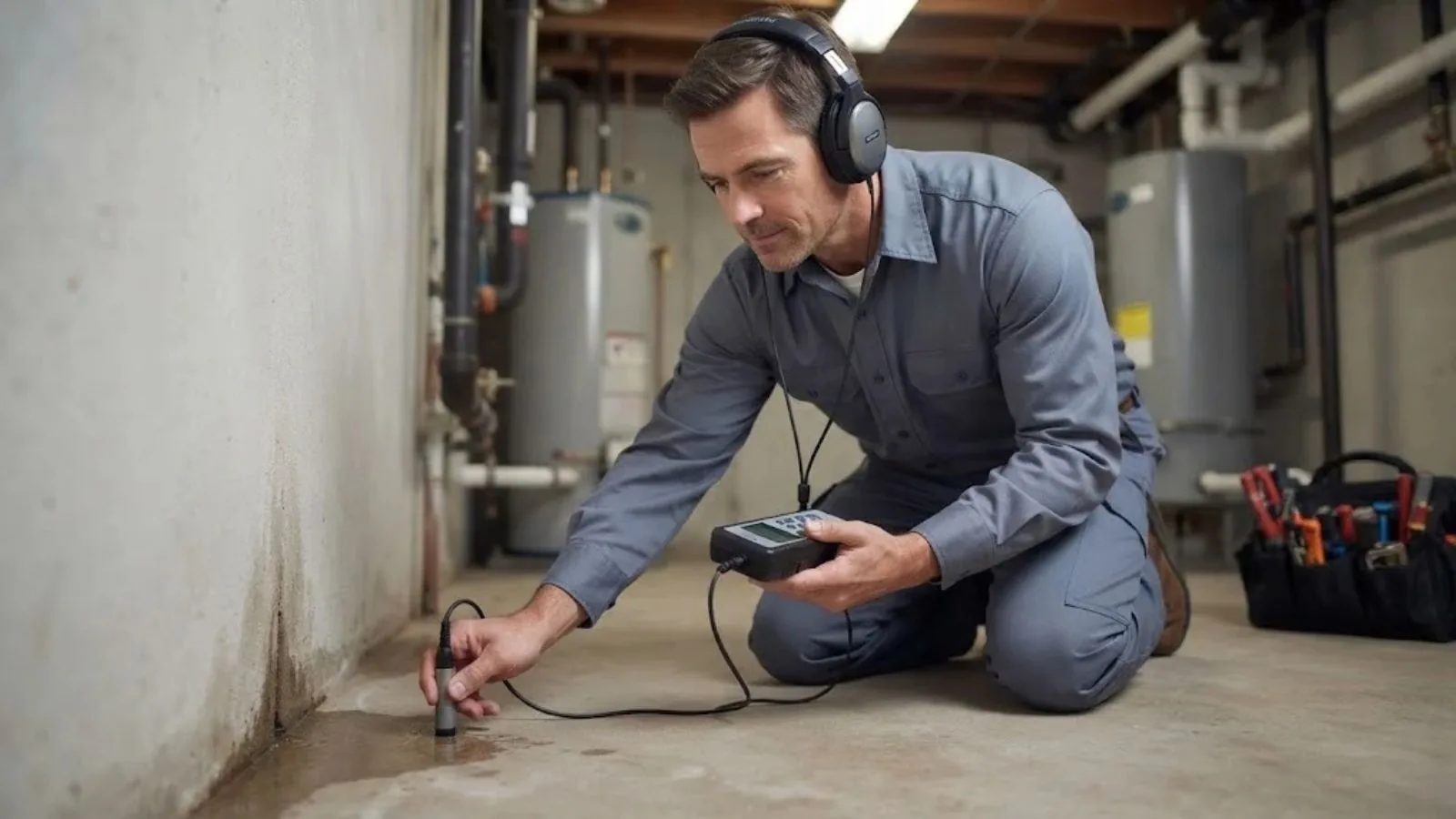 Technician using an acoustic leak detector on a basement floor next to a damp wall