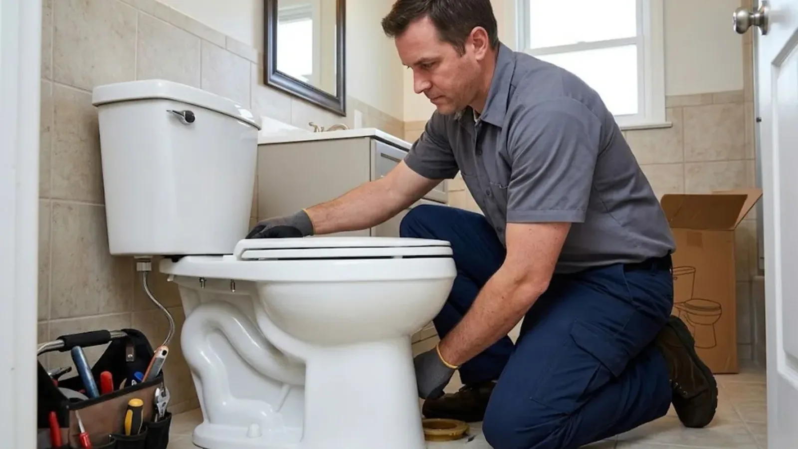 Plumber kneeling beside a toilet to repair it