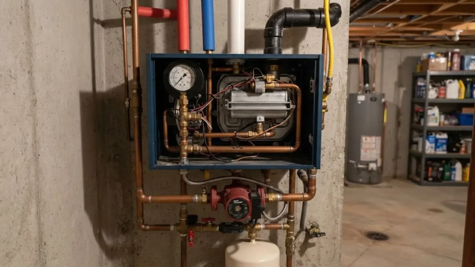 Boiler with pressure gauge and copper piping in a basement