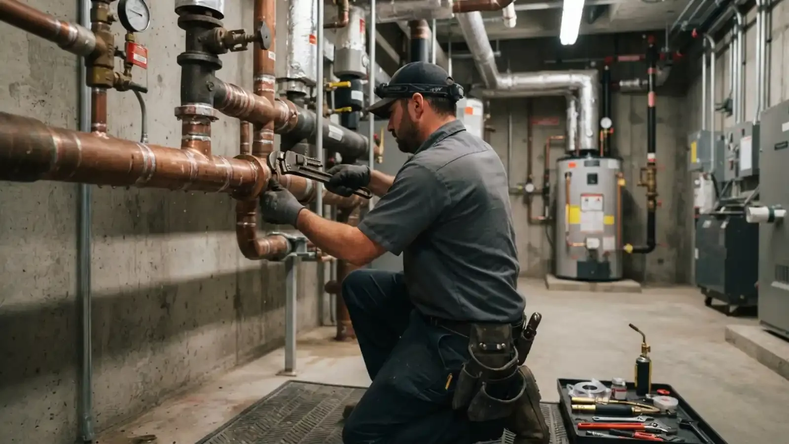 Plumber tightening large copper pipes in a commercial mechanical room