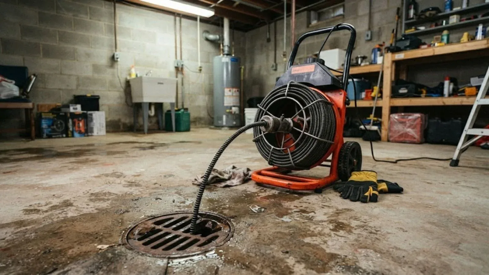 Drain cable machine running into a basement floor drain