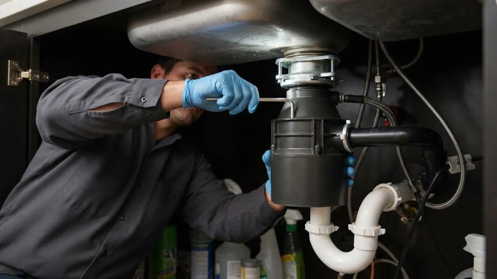 Plumber tightening a garbage disposal under a kitchen sink
