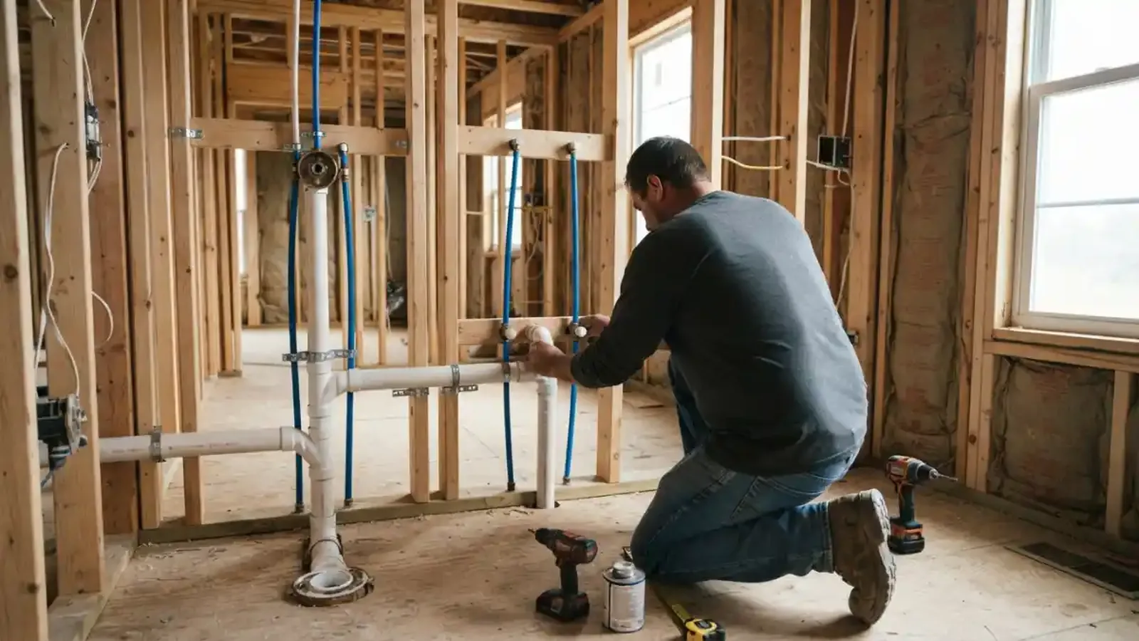 Plumber installing new drain and supply pipes in a framed wall