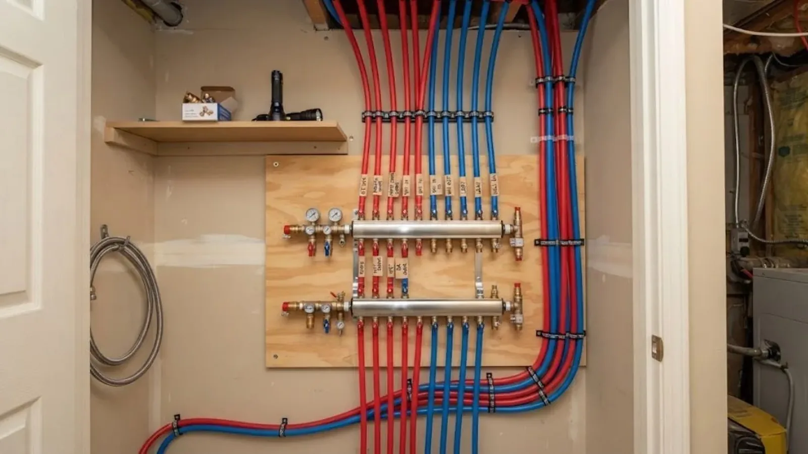 PEX manifold with red and blue supply lines in a utility closet