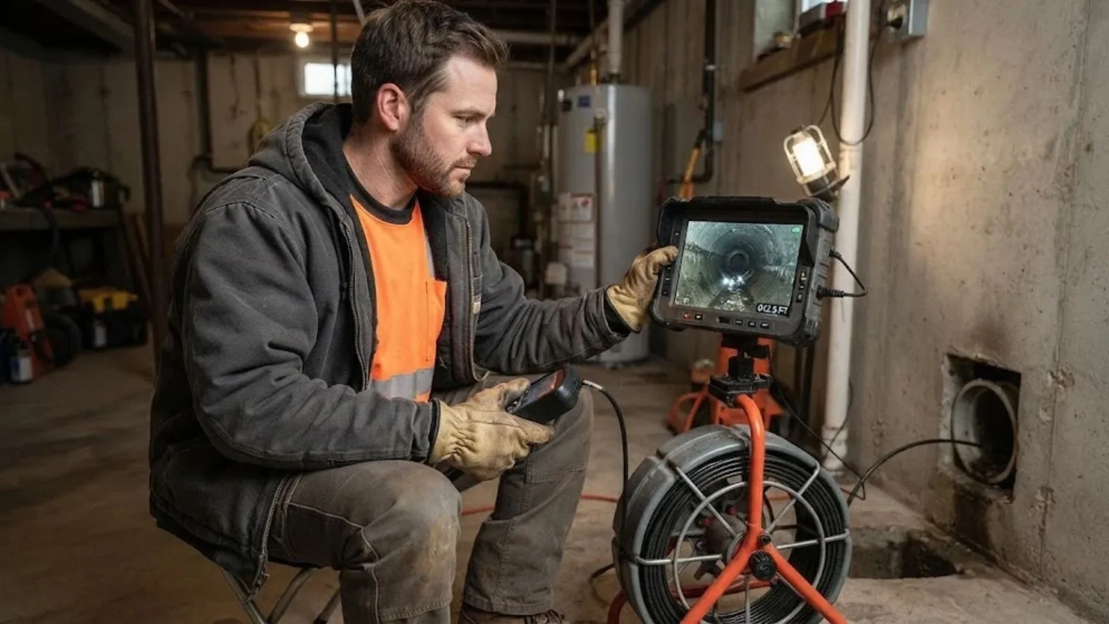 Technician watching a sewer camera monitor in a basement