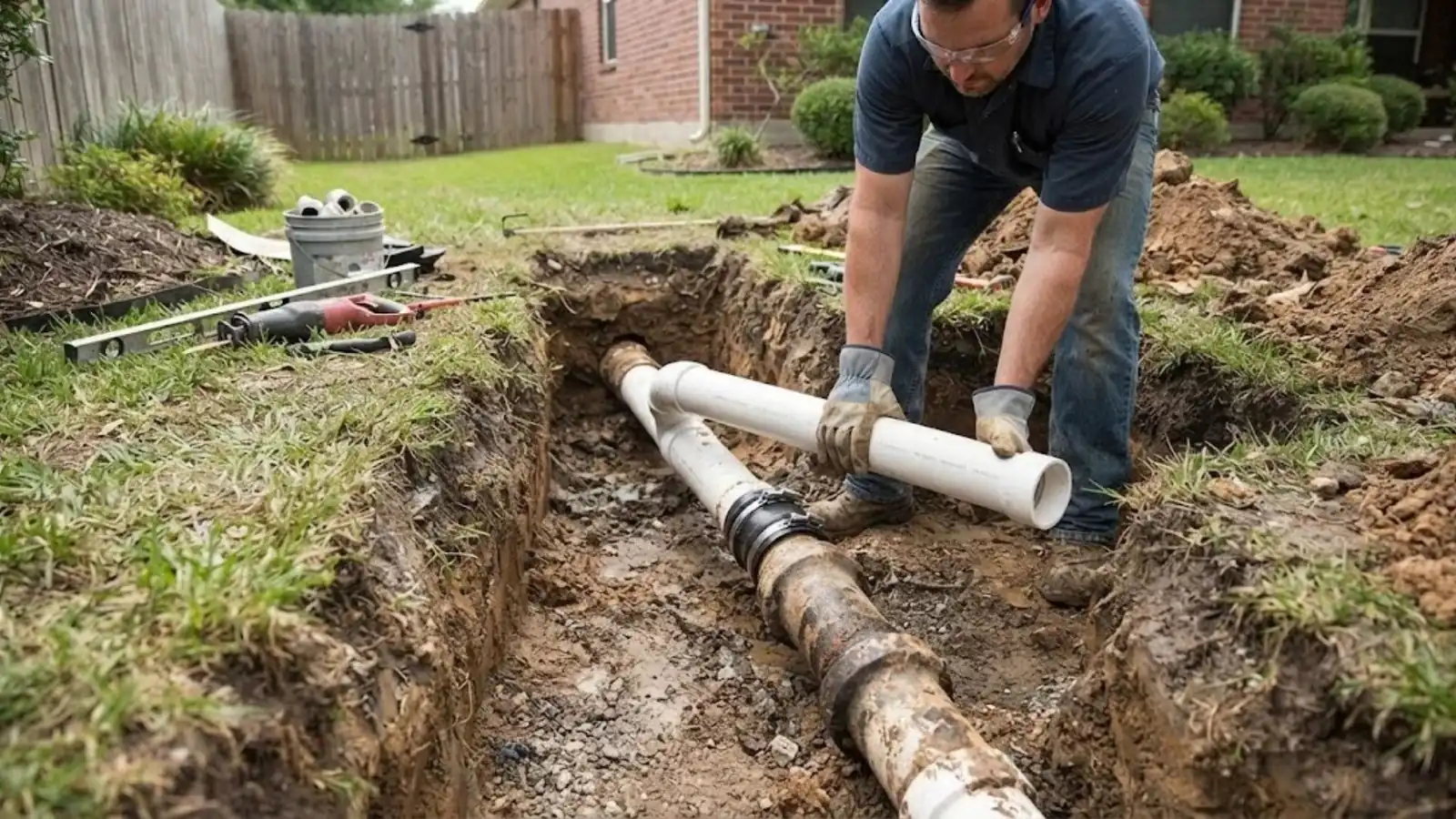 Plumber setting a new PVC section into an excavated sewer line trench
