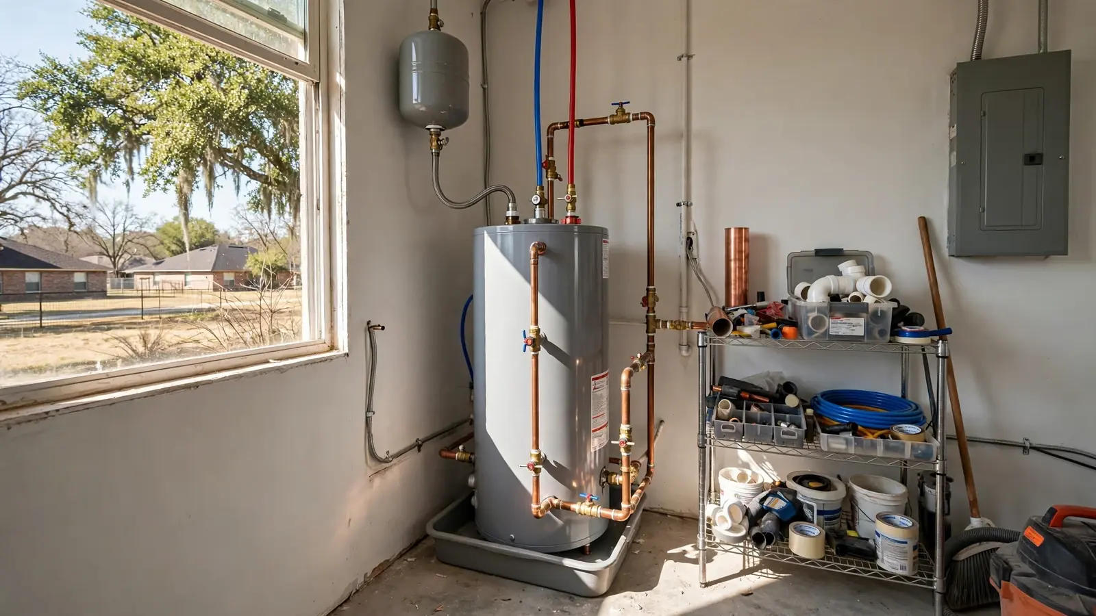 Tank water heater with copper piping and an expansion tank in a utility room