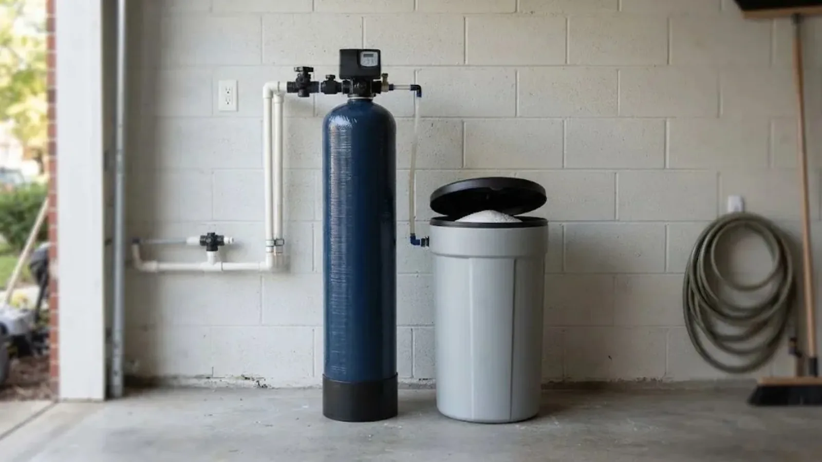 Water softener tank and brine tank in a garage utility area
