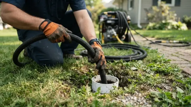 Plumber guiding a hydro jetting hose into a yard cleanout