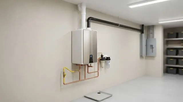 Wall-mounted tankless water heater with gas and water lines in a clean basement