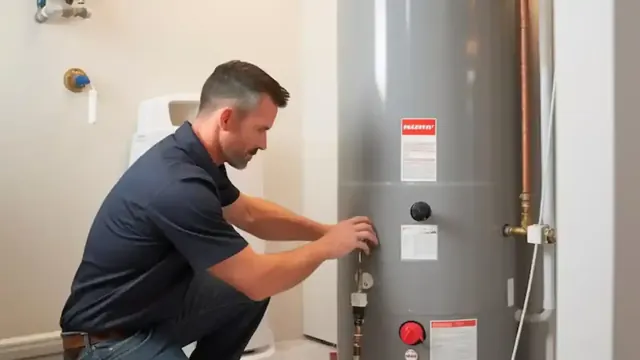 Plumber working on the controls of a newly set water heater