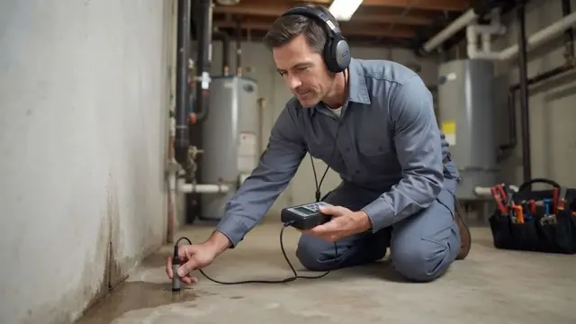 Technician using an acoustic leak detector on a basement floor next to a damp wall