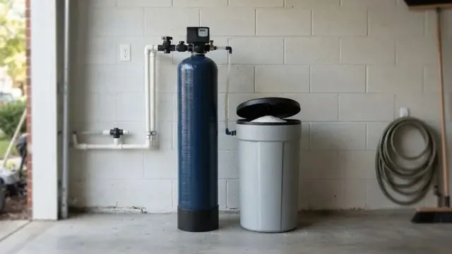 Water softener tank and brine tank in a garage utility area